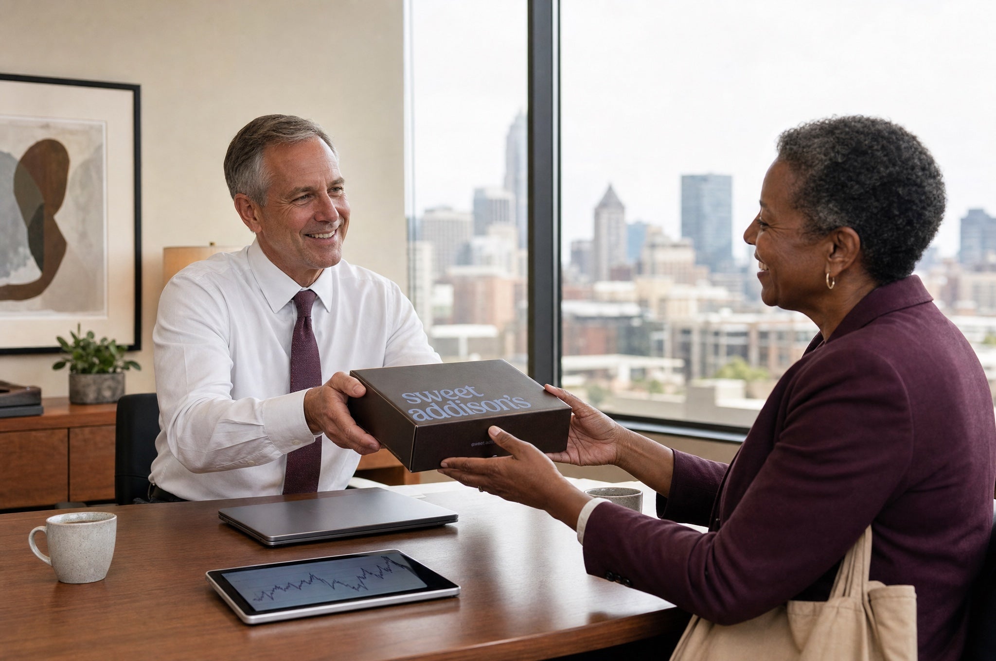 A financial advisor gifting a Sweet Addison's box to a client in an office