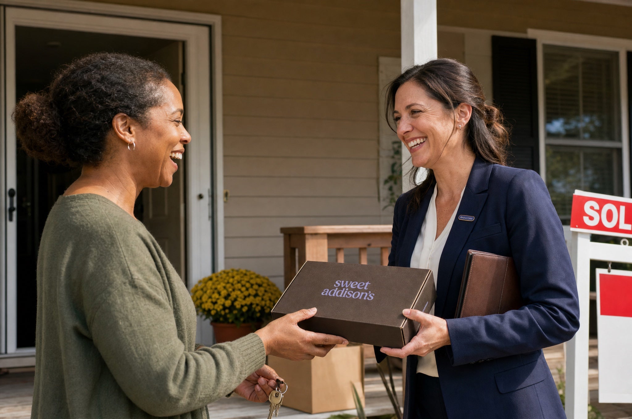 A realtor handing a Sweet Addison's gift box to a new homeowner on the porch