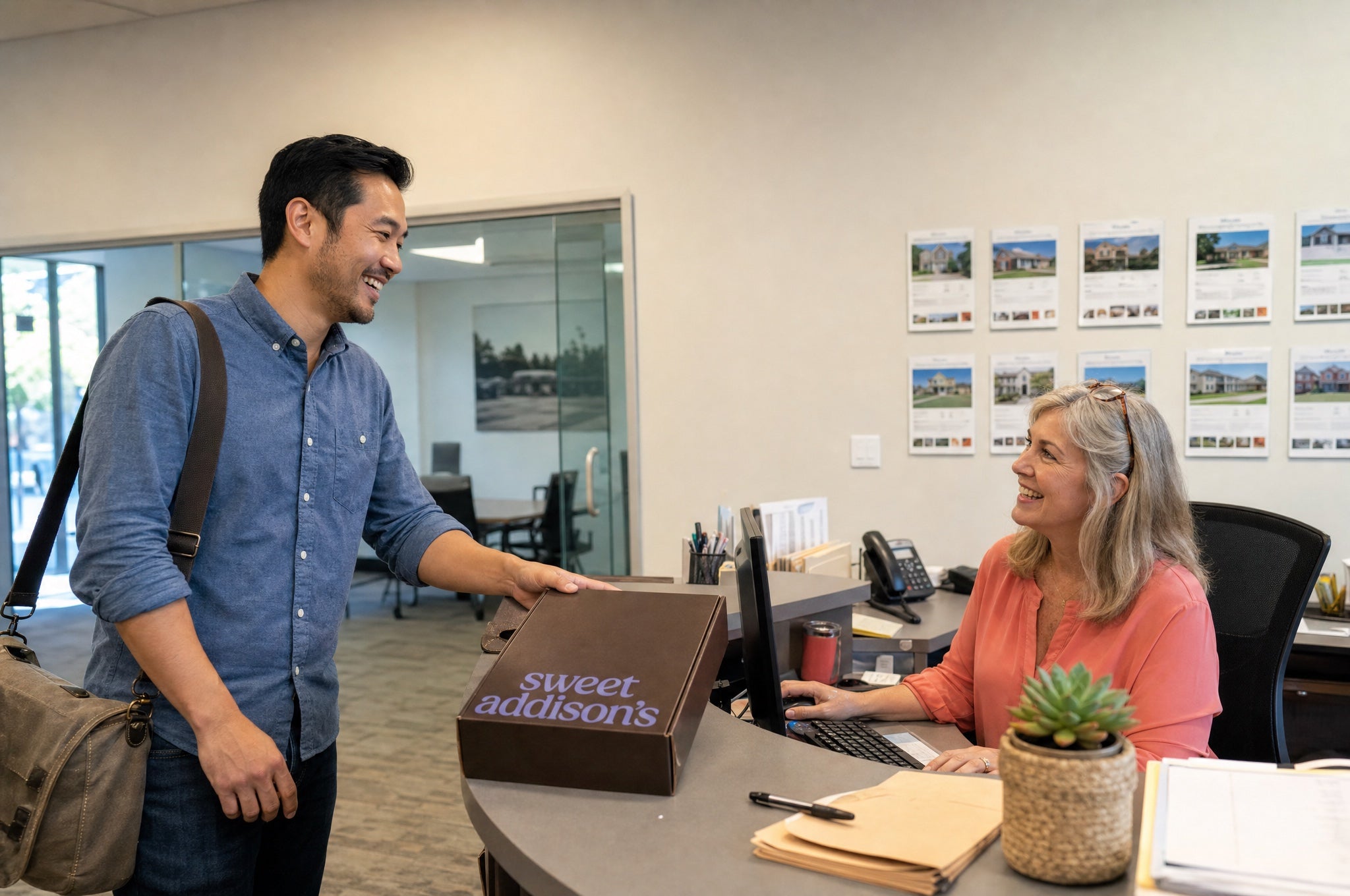 A mortgage rep dropping off a Sweet Addison's box at a real-estate office front desk