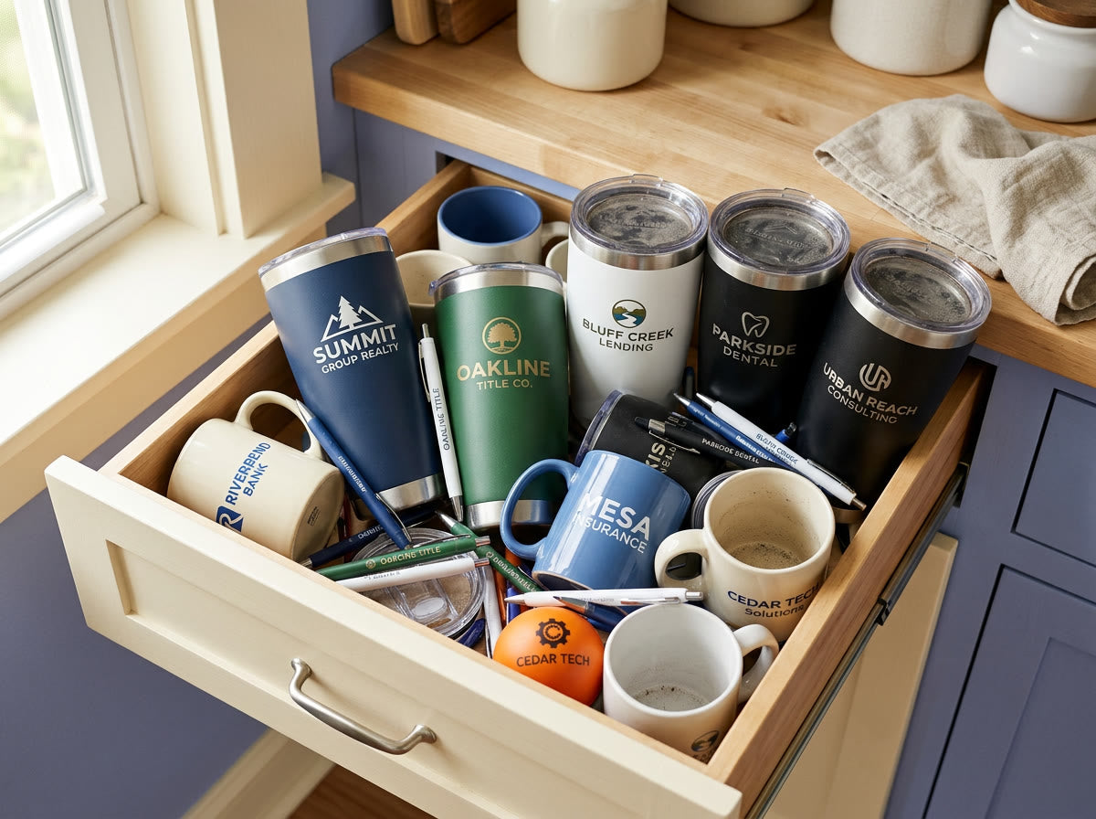 An open kitchen drawer crowded with branded tumblers, mugs and pens from various companies